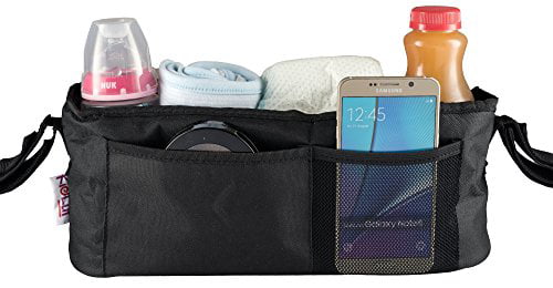 2 Cup Holders & Accessories Storage Bag for Strollers Black With Mesh Pocket for Cell Phone Universal Stroller Organizer Bag By KidLuf