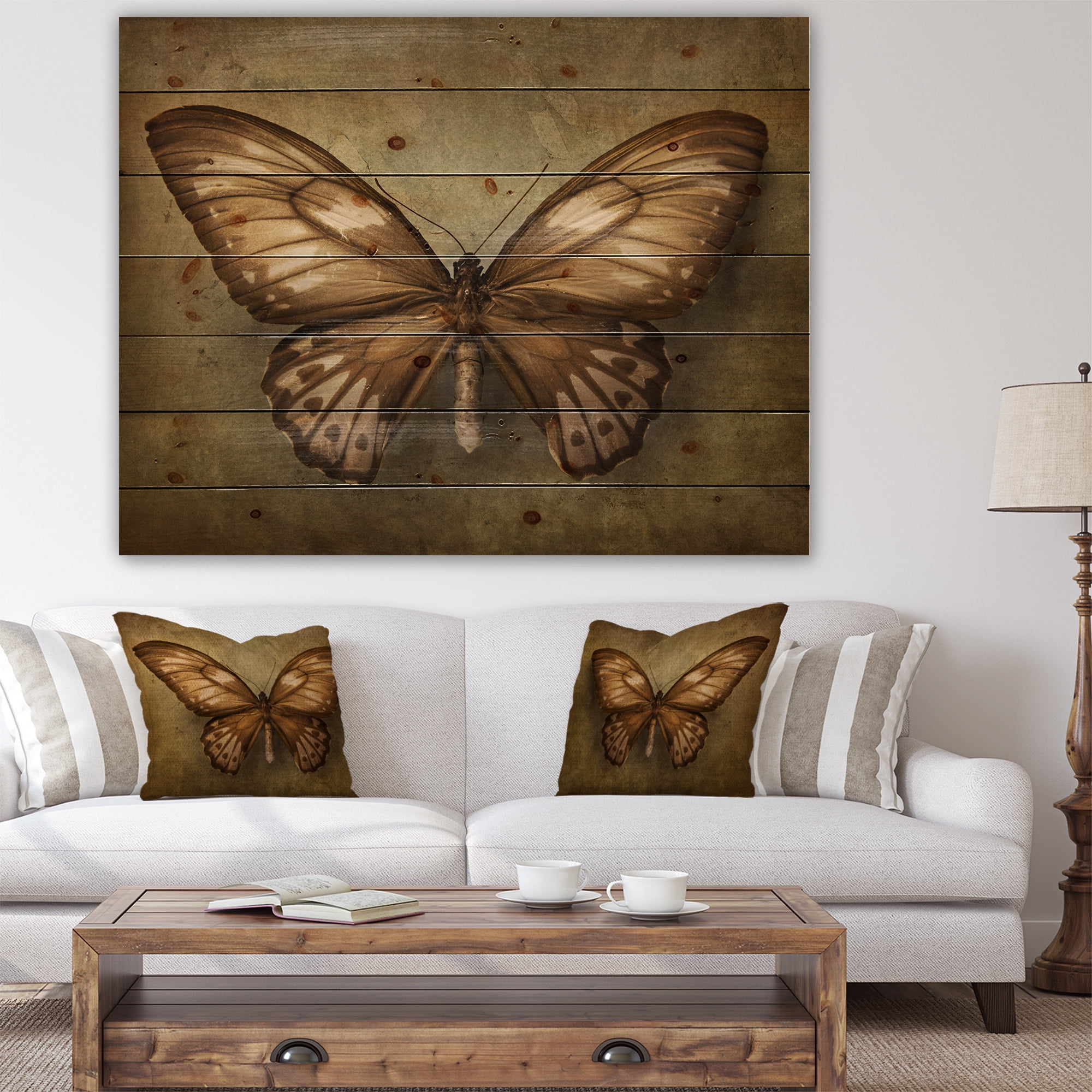 Designart 'Vintage Butterfly' Vintage Painting Print on Natural Pine Wood