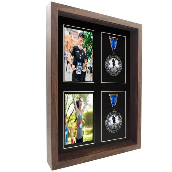 MEDALAWARDSRACK SHADOW BOX DISPLAY (4 MEDALS) - MARATHON, TRIATHLON, 5K, 10K, 4 X 4X6" OPENINGS FOR PHOTOS OR RACE MEDALS