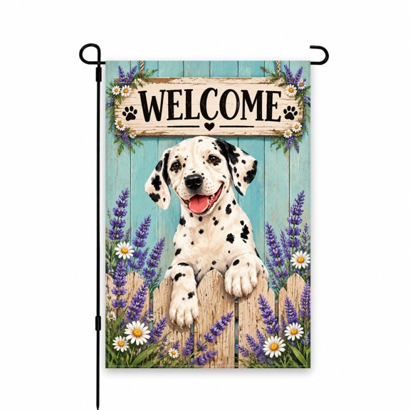 Welcome Dalmatian Garden Flag 12x18 Inch - Floral Fence Design, Purple Lavender & Daisies, Decorative Yard Flag for Patio, Porch, or Lawn Decor