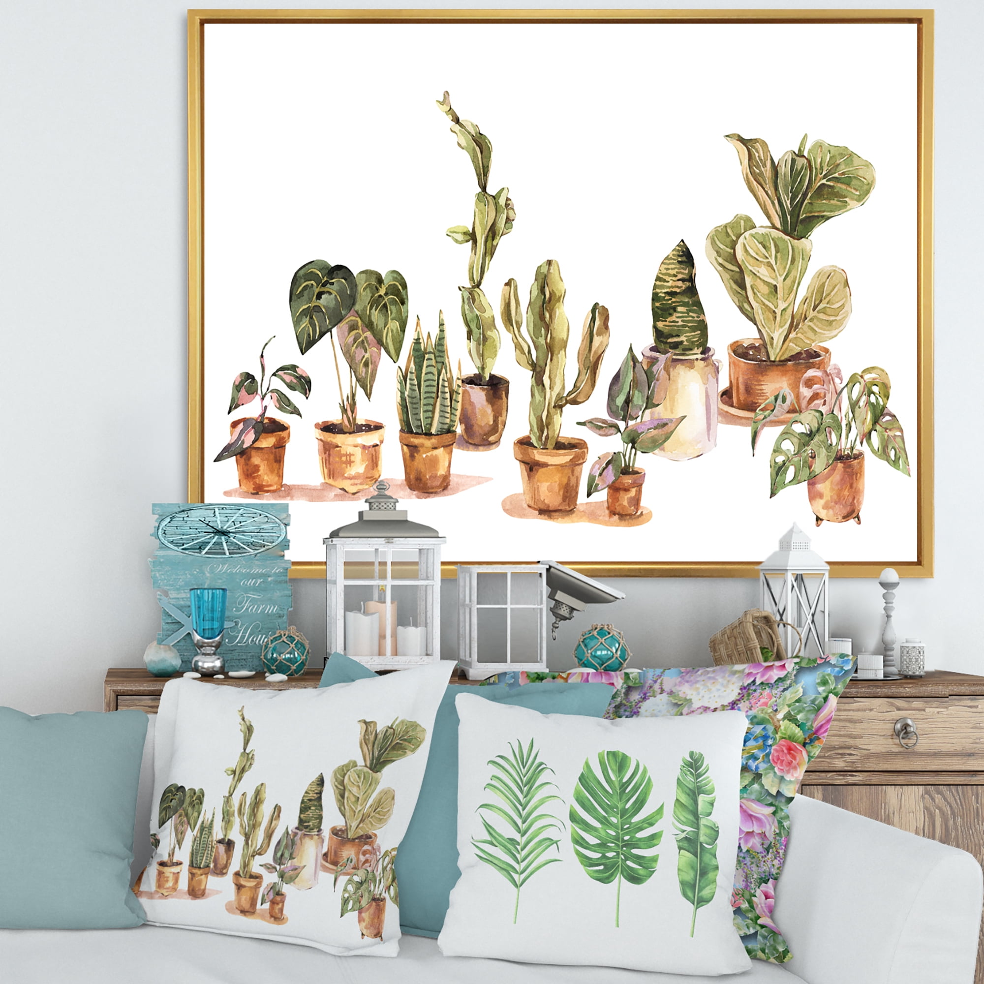 Designart 'Indoor House Plants Urban Jungle in Flowerpots I' Traditional Framed Canvas Wall Art Print