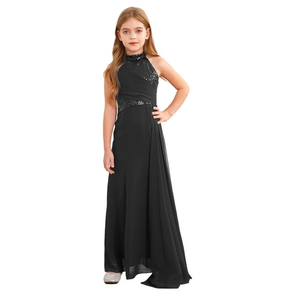 TiaoBug Flower Girls Halter Neck Sequin Wedding Pageant Maxi Dress Kids Prom Ball Gown Black 8