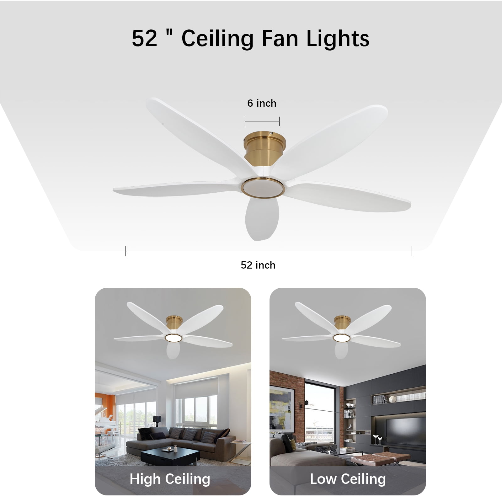 Wozzio 52-Inch Ceiling Fan with Integrated LED Light and Remote Control
