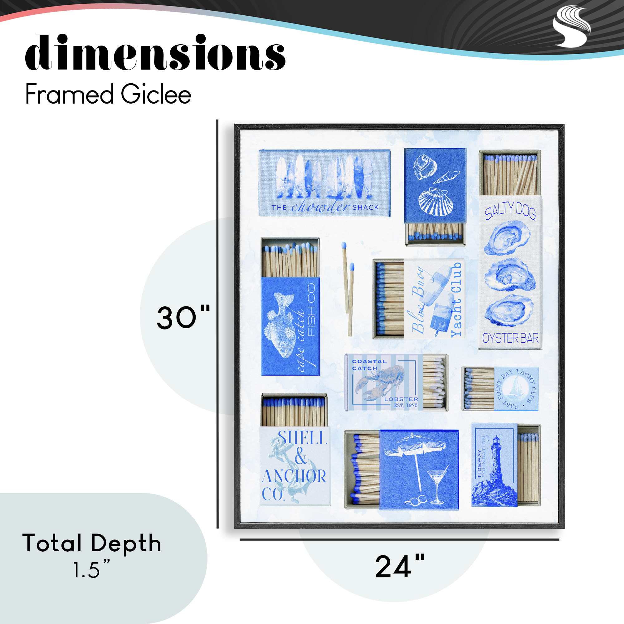 Blue Coastal Matchboxes Black Framed Giclee Art, design by Ziwei Li