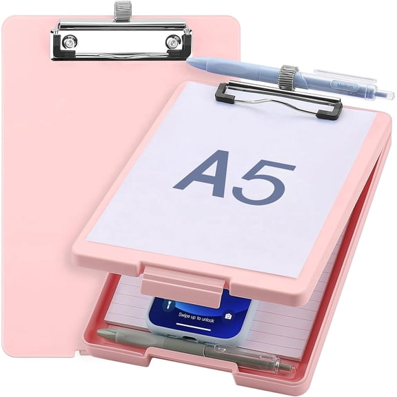 RETON Small Clipboard with Storage, A5 Clipboards with Pen Holder, Half Letter Clip Boards 6x9 Mini Plastic Clipboard with Low Profile Clip for Office Supplies (Light Pink)