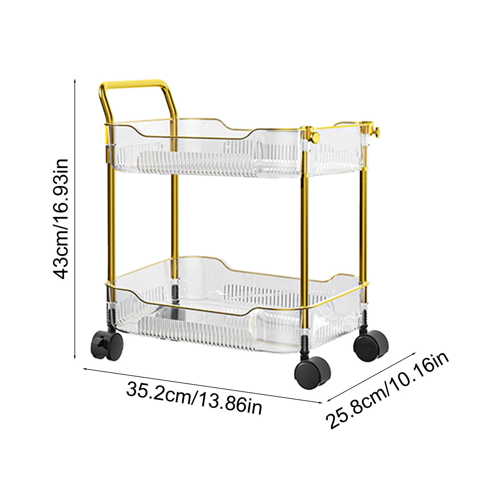 2-Tier Rolling Cart with Locking Wheels | Transparent Plastic Storage Organizer for Kitchen, Office, Bedroom | 43x35x26cm