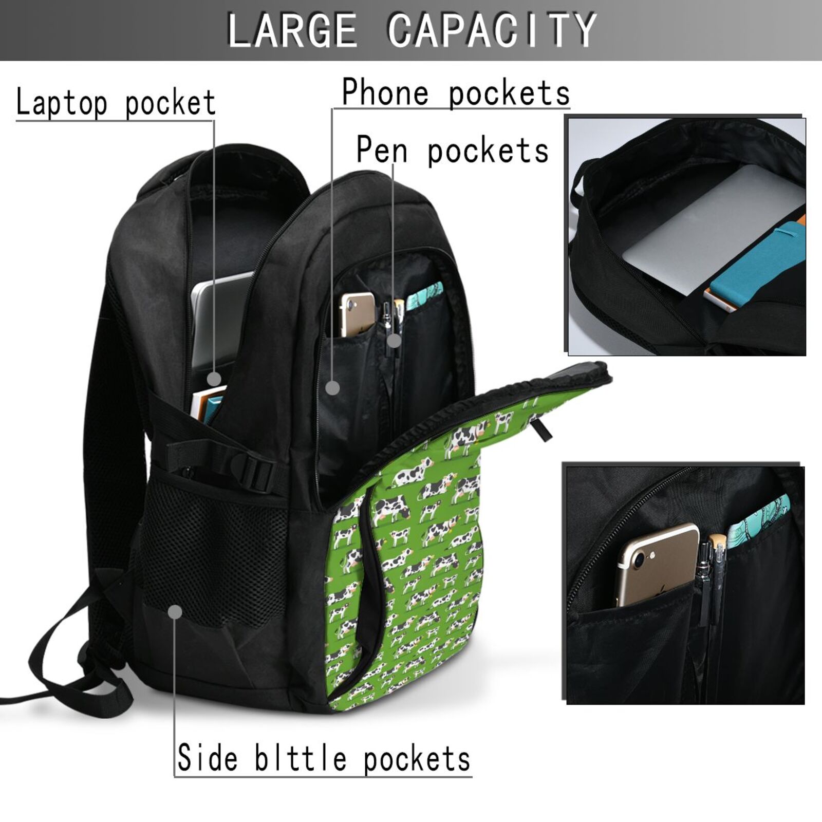 Vsdgher Cows With Calfs Green Print Travel Laptop Backpack, Laptops Backpack with USB Charging Port, Water Resistant Computer Bag Gift for Men & Women