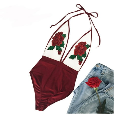 

ForestYashe Ladies Beachwear Chest Embroidered Halter Lingerie Bodysuit