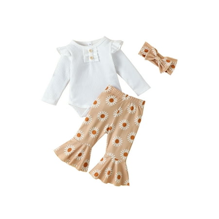 

wybzd Infant Baby Girl Outfits 3Pcs Fall Clothes Set Ruffle Long Sleeve Ribbed Romper+Floral Flared Pants+Headband Khaki