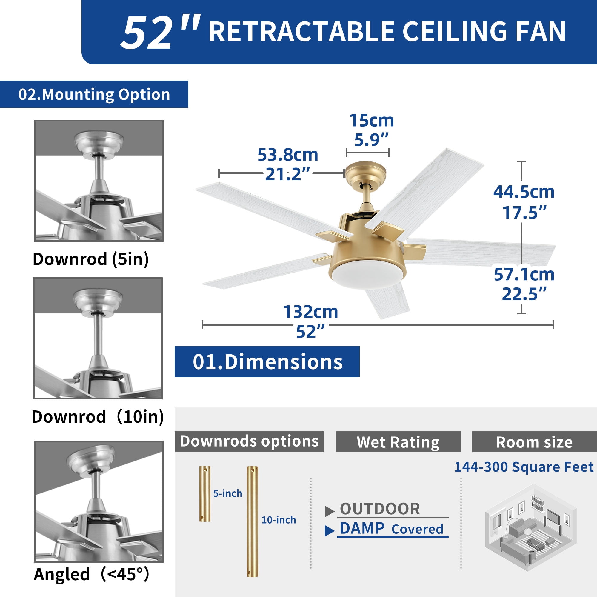 DEXTRUS 52in Farmhouse Ceiling Fans with Light and Remote with 5 Blades, 6 Speed - White