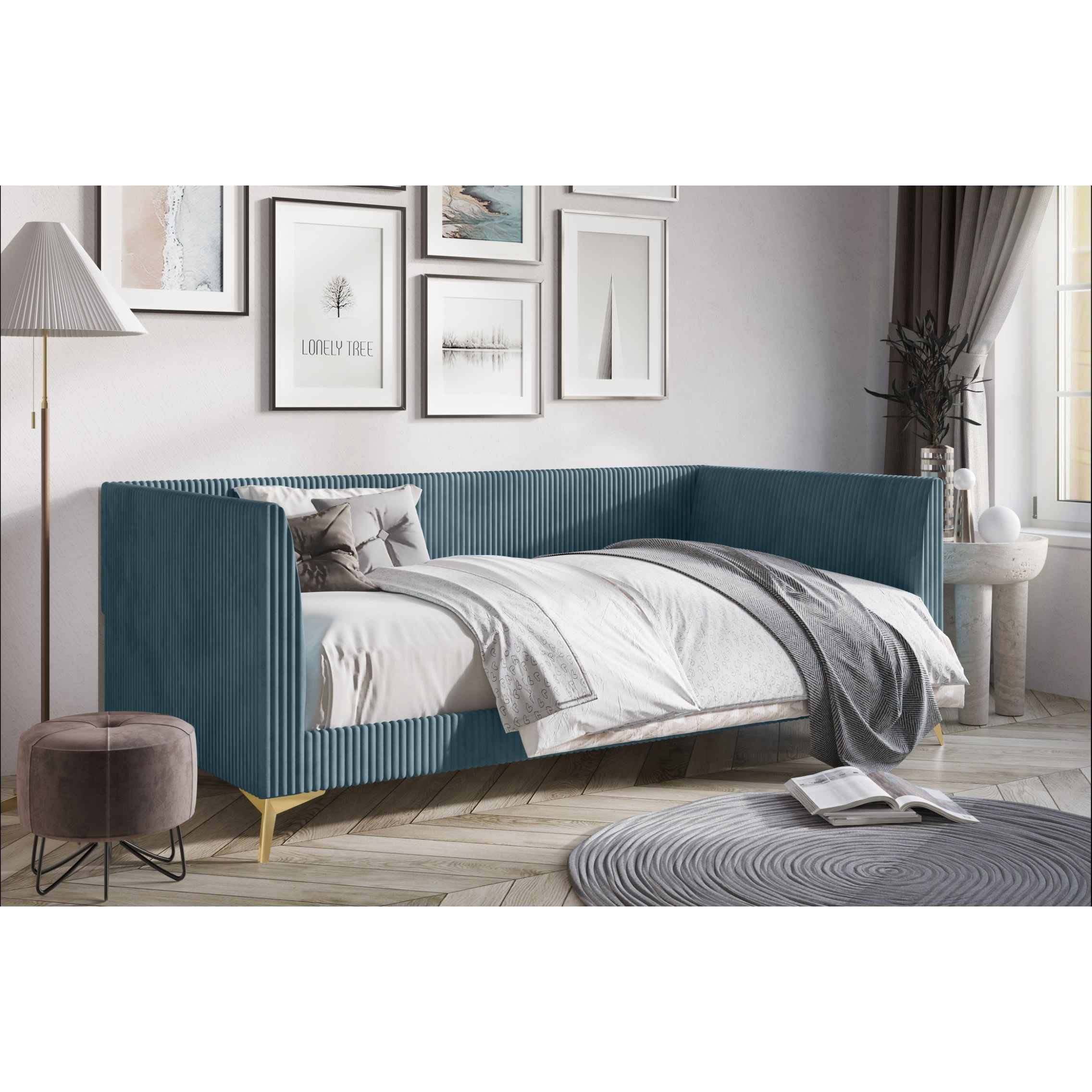 Home Design Elsie Twin Daybed with Corduroy Velvet Upholstery, Vertically Stitched Tufting, Stylish and Versatile Seating or Sleeping Solution, Blue