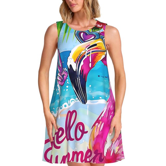 Easygdp Tropical Flamingo Summer para Vestido Transpirable de Mujer, Vestido Suelto de Manga Corta con Pliegues y Bolsillos para el Verano