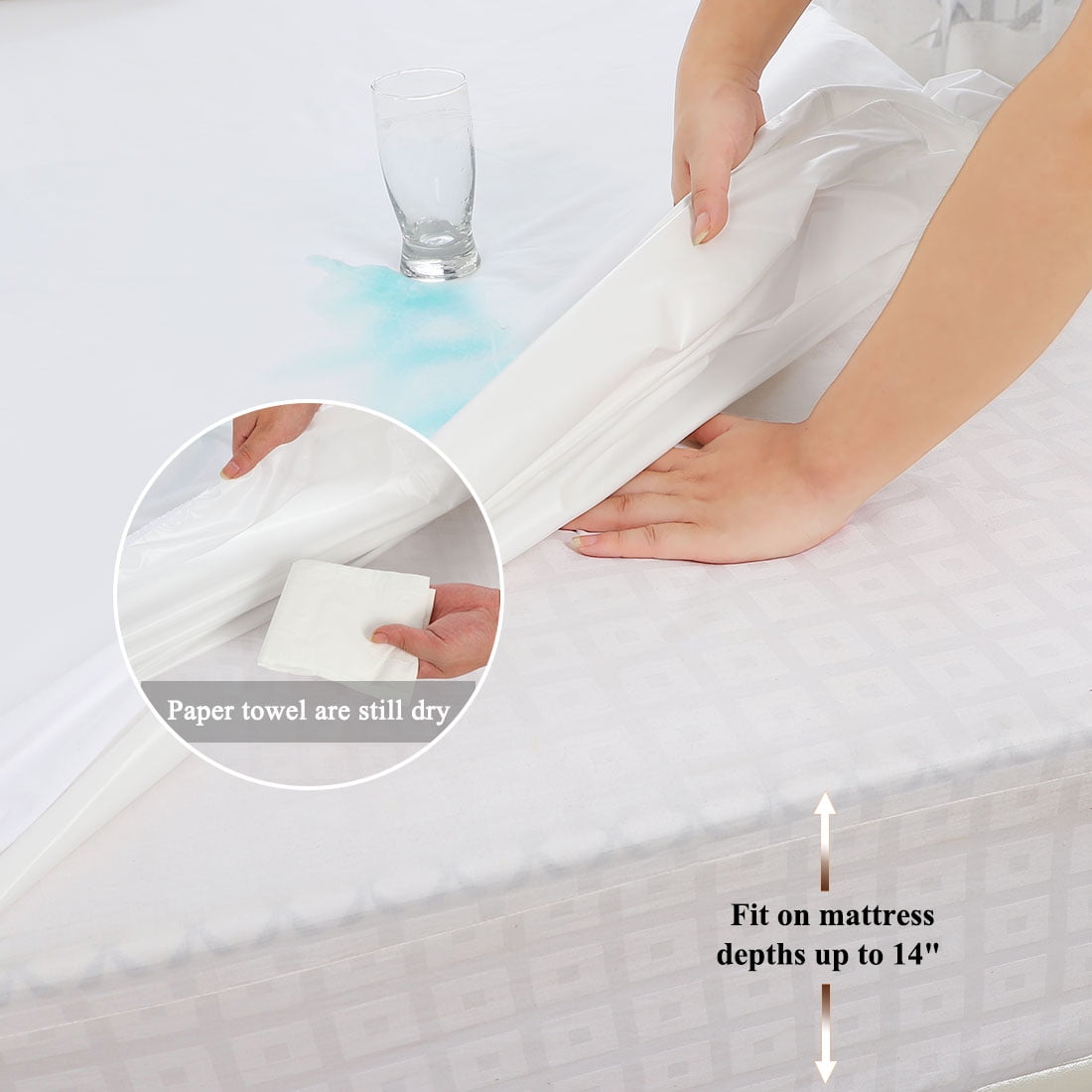 Unique Bargains 14" Deep Pocket Waterproof Solid Mattress Fitted Sheet White Queen