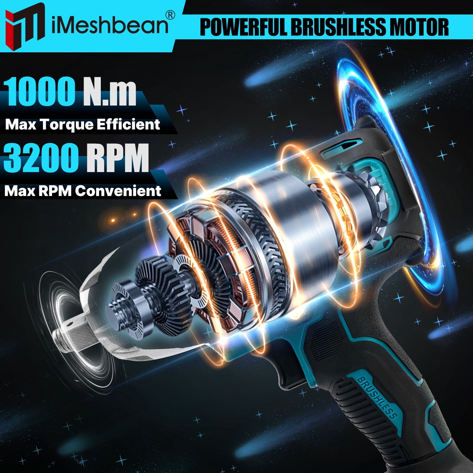 iMeshbean 21V Cordless Electric Impact Wrench Gun 1/2'' High Power Driver 1000N.m w/ 2PCS Battery