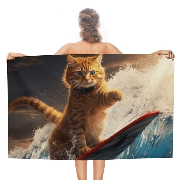 Surfing Cat Oversized Beach Towel XL Pool Camping Swim Towels 32''x63'' Soft Blanket Accessories Must Vacation Necessities Adult