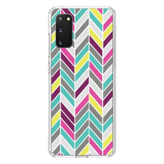 DistinctInk Clear Shockproof Hybrid Case for Galaxy S20 PLUS / 5G (6.7" Screen) - TPU Bumper, Acrylic Back, Tempered Glass Screen Protector - Pink Purple Teal Herringbone