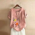 thumbnail image 2 of T Shirts for Women Cotton And Linen Loose Fit Casual Floral Print Short Sleeve Button Up Top Blouse T-Shirt Tops Pink M, 2 of 4