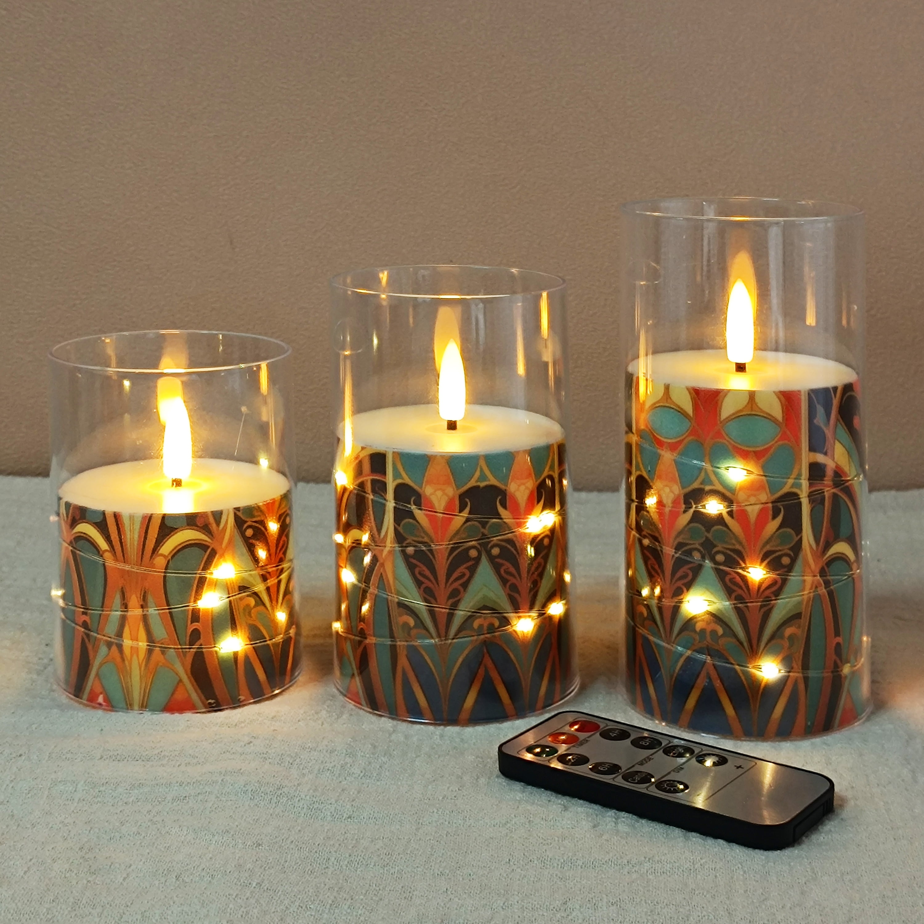Flameless Candles with String Lights LED Candle Battery Operated Candles with Remote Control,Printed Pillar LED Candles for Wedding Holiday Party Table Home Decorations,Set of 3