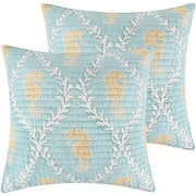 - Kailua Quilt - Euro Sham - Seahorses - Blue Taupe And Cream - Quilt (26X26in.) - Reversible - Cotton