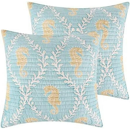 - Kailua Quilt - Euro Sham - Seahorses - Blue Taupe And Cream - Quilt (26X26in.) - Reversible - Cotton