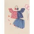 thumbnail image 4 of Bagilaanoe 4th of July Outfits for Toddler Baby Girls Off-shoulder T-shirt Tops + Patchwork Denim Shorts + Headband 12M 18M 24M 3T 4T 5T Kids Independence Day Clothes 3pcs Short Pants Set, 4 of 8