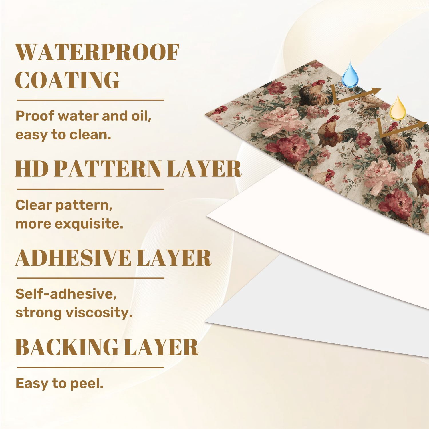 Peel and Stick Wallpaper 17.7in x 9.8ft Vintage Rooster Floral Soft Rustic Country Farmhouse Contact Paper Vinyl Waterproof Self Adhesive Wall Paper for Bedroom Shelf Cabinet Renter Friendly