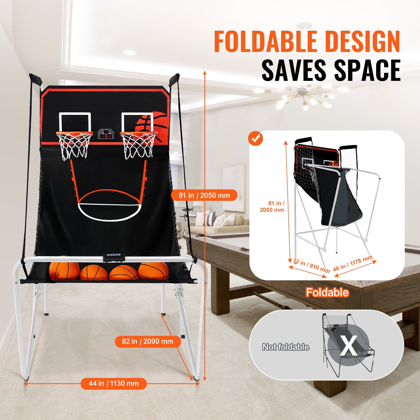 KFFKFF 82" Foldable Electronic Basketball, 2-player Indoor Hoops Challenge Game, Foldable Basketball Arcade Game with 4 Basketballs, 8 Play Styles, Digital Scoring System, and Air Pump