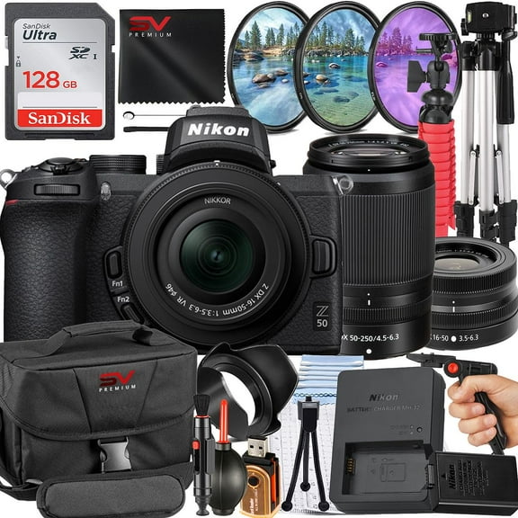 Nikon Z50 Mirrorless Camera with 50-250mm Lens   128GB Memory Card   Pistol Grip Tripod   SV Premium Accessory Bundle (International Version)