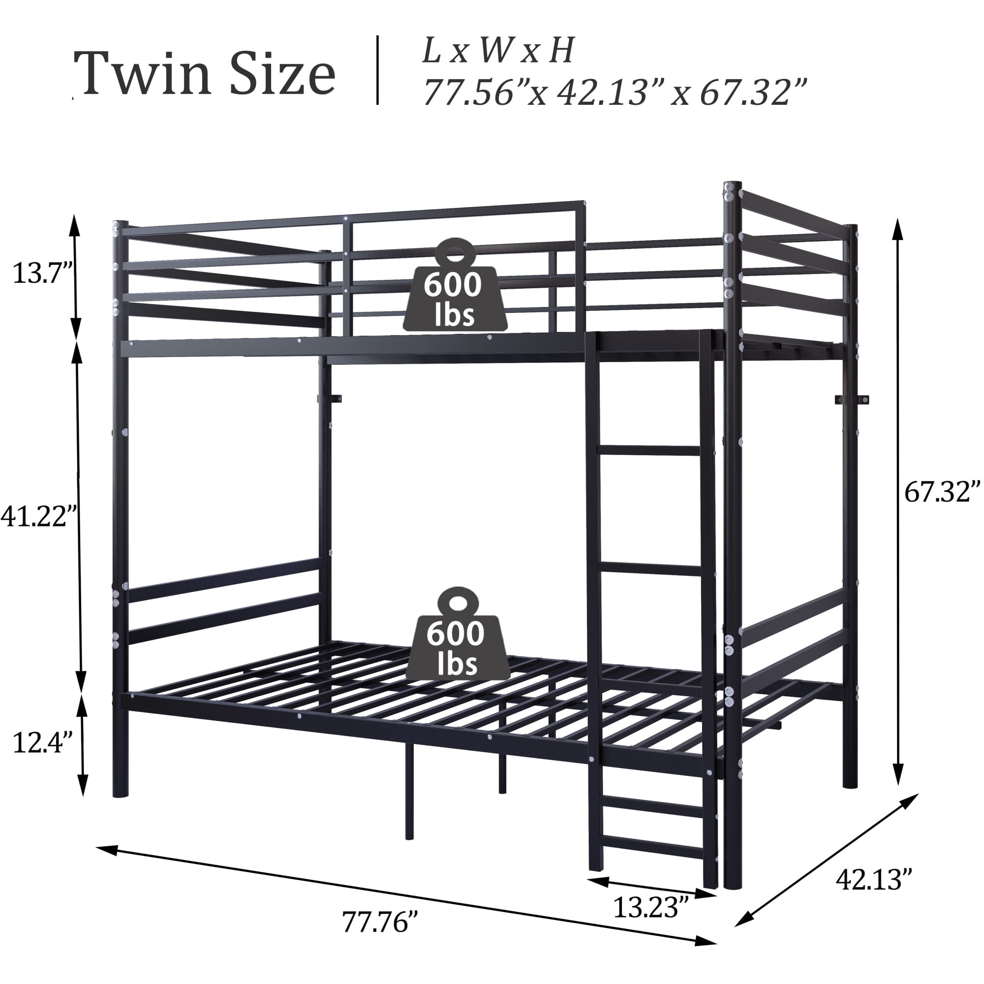 Leumius Metal Bunk Bed Twin Over Twin with Built-in Ladder, Heavy Duty Bunkbeds with Safety Guardrail and Space-Saving Design,Twin Bunk Beds for Kids, Teens & Adults, No Box Spring,Black