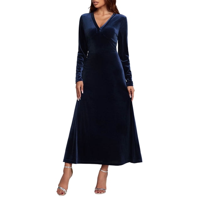 Enjoytime Robes de Soirée pour Femmes Couleur Unie Col en V Manches Longues Robe Maxi en Velours Doré Tendance Élégante Robes de Soirée Bleu G