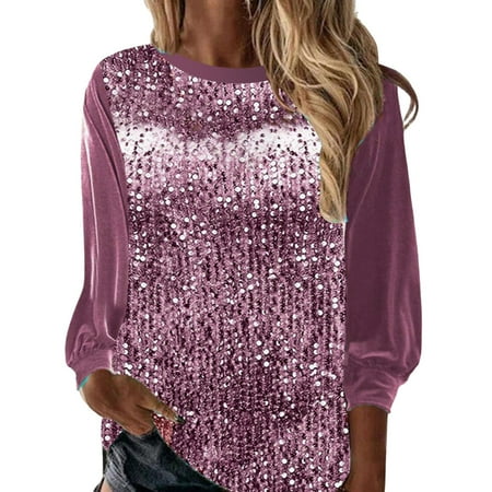 Outfmvch Sequin Tops for Women Corset Tops for Women Sparkly Tops for Women Sequin Tops For Women 2024 Fashion Sparkly V Neck Long Sleeve Shirts Plus Size Blouses Blouses for Women Sparkly Top Red XL