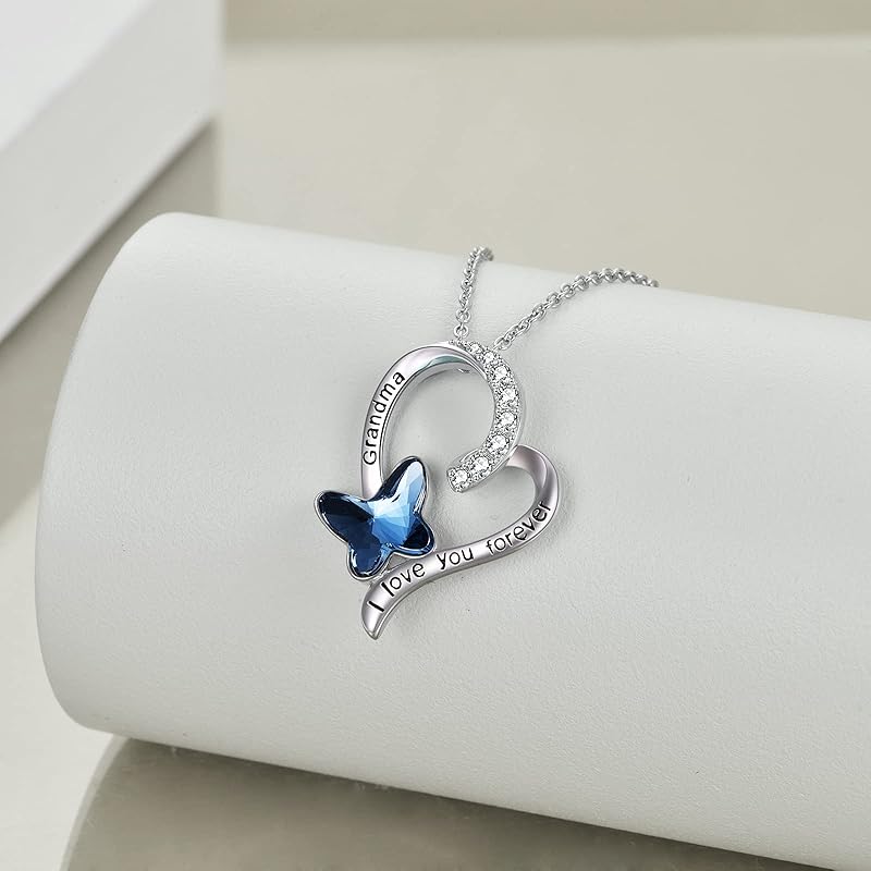 Granddaughter/Grandma/Nana/Daughter/Sister Necklace Gifts for Women 925 Sterling Silver with Blue Butterfly Crystal Heart Necklace, Valentine's Gifts for women