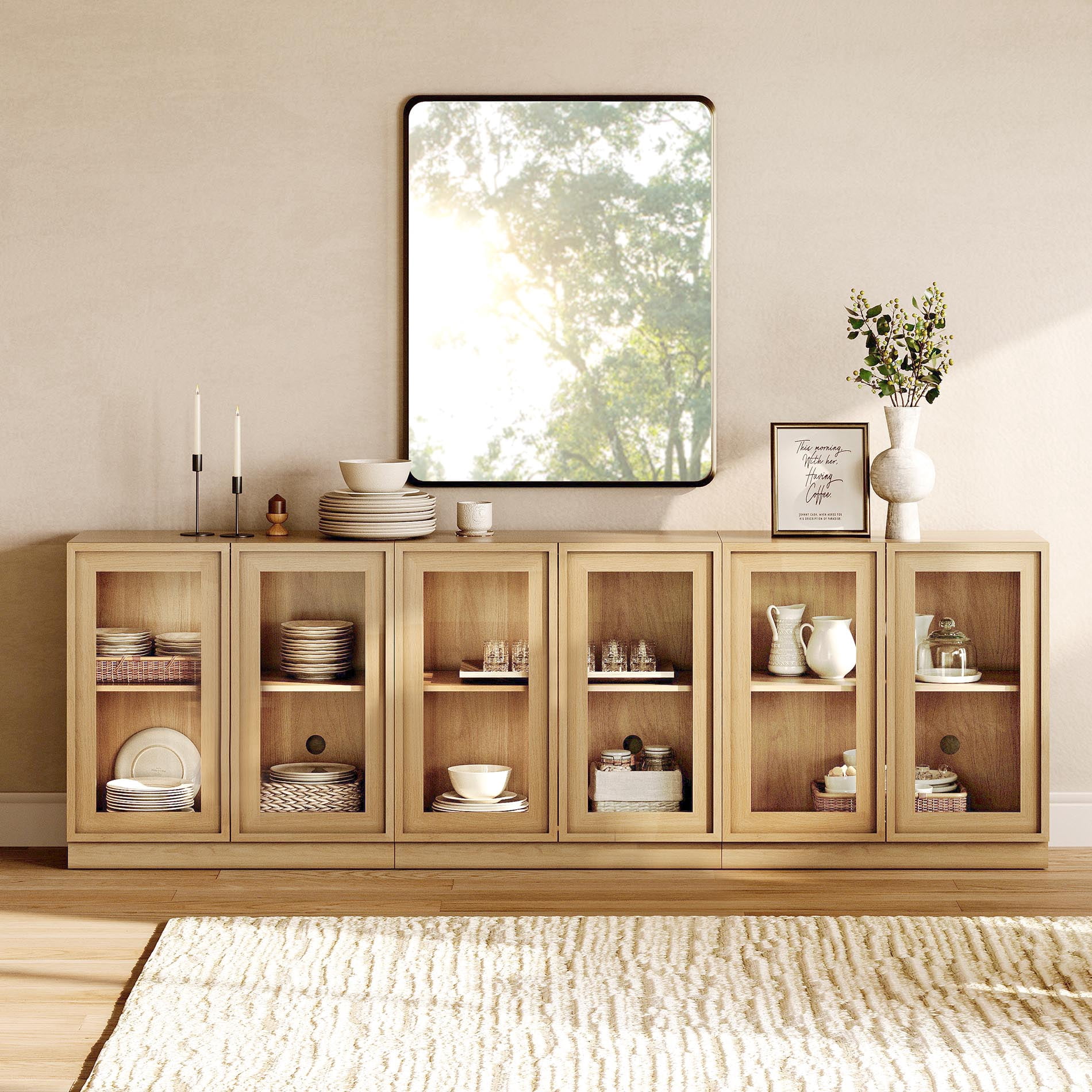 94.5" Modern Sideboard Buffet Cabinet with 6 Glass Doors, Multifunctional Sideboard with Large Storage and Adjustable Shelf, Oak
