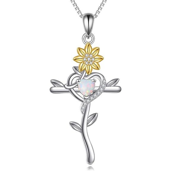 Sunflower Cross Necklace for Women 925 Sterling Silver Opal Heart Pendant Christian Jewelry Birthday Gift for Her