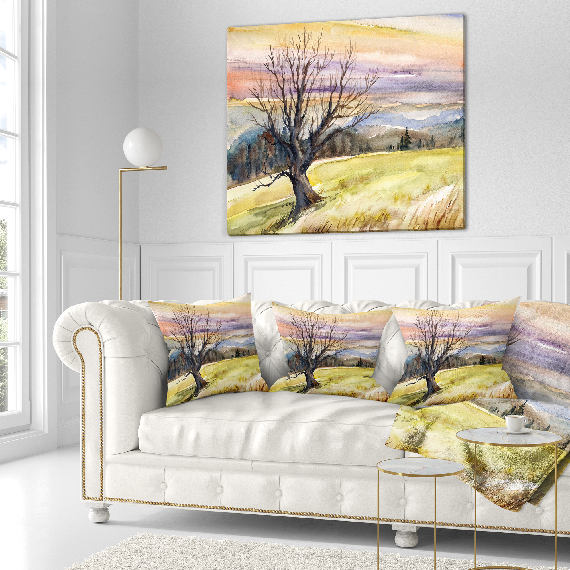 Designart Tree Without Leaves at Sunset - Trees Painting Throw Pillow - 18x18