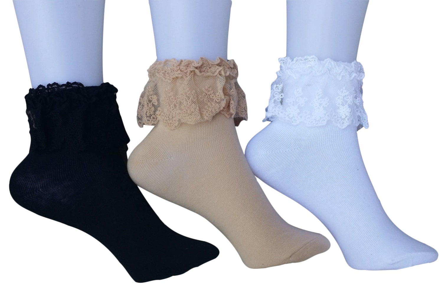 6 pairs of Girls Cotton Pretty white lace trim ankle socks