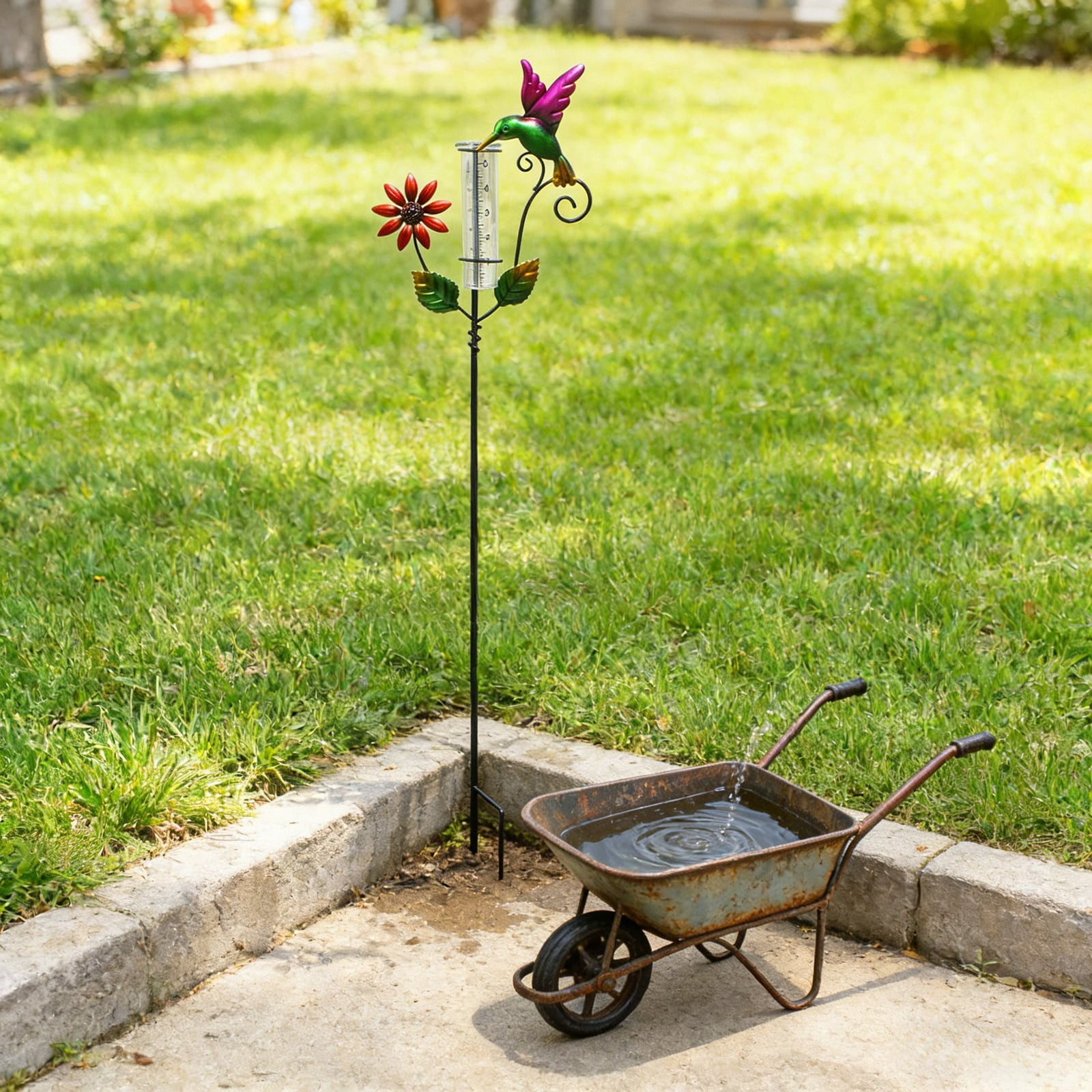 Metal Rain Gauge Outdoor 35.43 Inch with Stake, Tube Rain Measure Gauge Decorative Branch, Ironwork Rainwater Collector Glass Measuring Cup for Garden Patio Yard Lawn