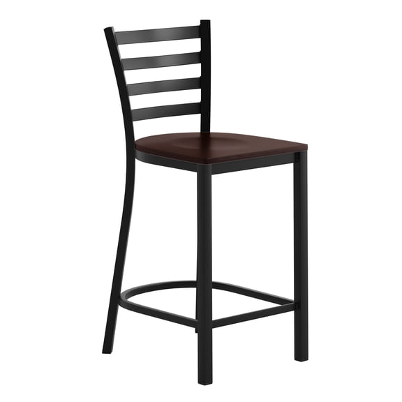 Emma Oliver Black Ladder Back Metal Restaurant Counter Stool - Walnut Wood Seat