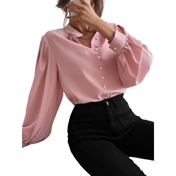 Women'S Fall Long Lantern Sleeve Blouse Stand Collar Single-Breasted Solid Casual Loose Blouse Tops Pink L