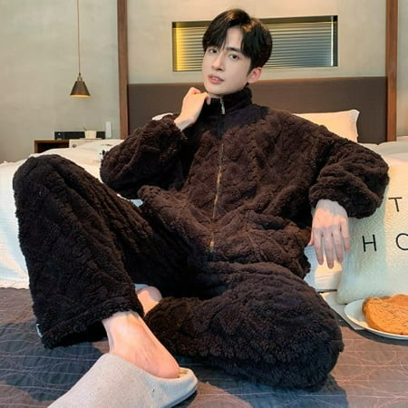 

PIKADINGNIS Mens Pajamas Set Winter Leisure Elastic Thicken Warm Flannel Sleepwear Set Zipper Male pijama Long Sleeve Boys Homewear Clothes