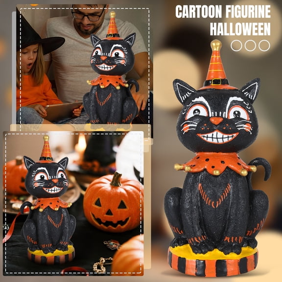 MInHoues Halloween Vintage Smiling Black Cat Resin Figurine, 9.8 Inch Retro Orange Striped Hat Pumpkin Base Indoor Table Mantel Halloween Home Party Decor Ornament