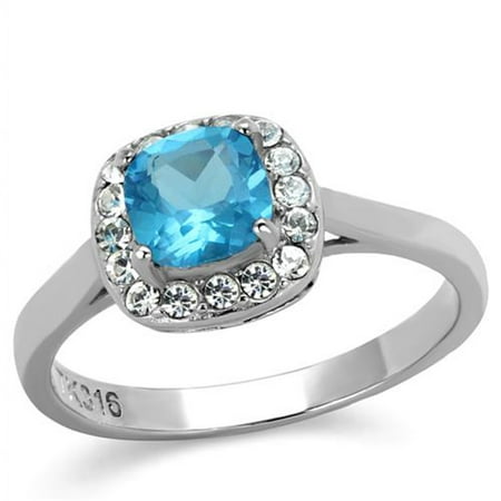 WOMEN'S .92 CT CUSHION CUT SEA BLUE CZ STAINLESS STEEL HALO ENGAGEMENT RING Size