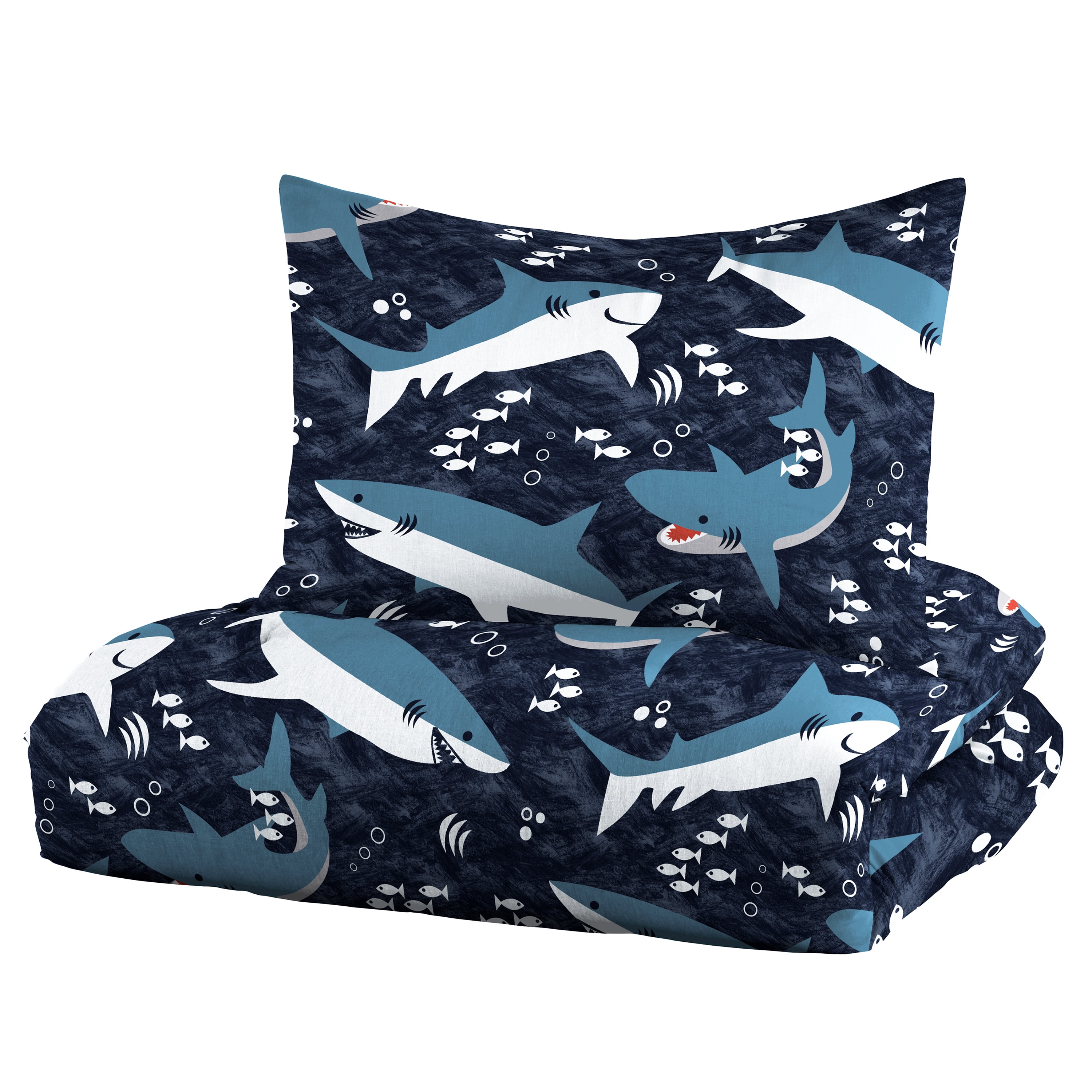 Dream Factory Sharks Full/Queen 3 Piece Mini Comforter Set, Printed Pattern, Polyester, Cotton, Navy, Child, Unisex