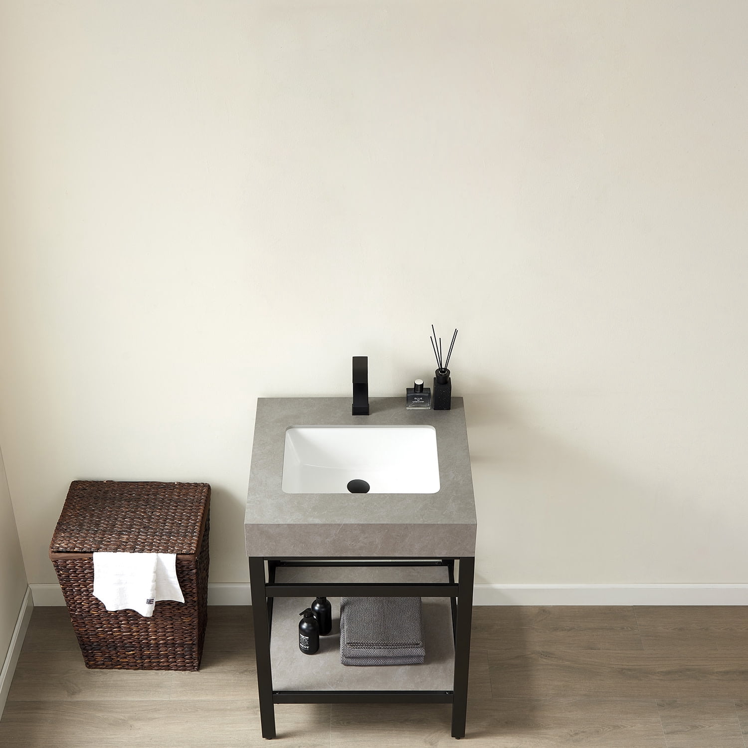 Funes 24" Single Sink Bathroom Vanity in Matte Black Frame White Top No Mirror