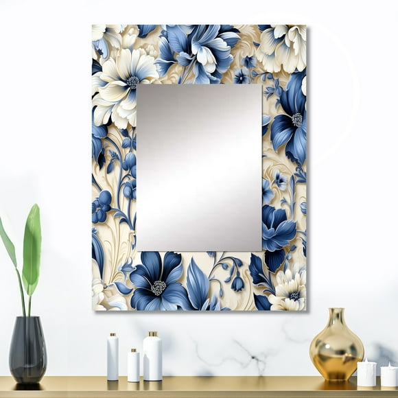 Designart « Blue Victorian Floral Damask I » Miroir Mural Damassé, Miroir Mural Bleu Imprimé, Miroir Mural de Salle de Bain Bohème, Miroir Damassé Décoratif - 24x32 Pouces