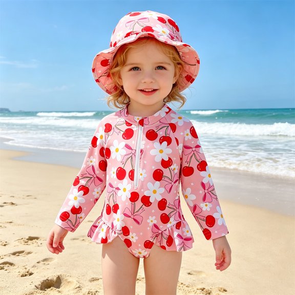 MEZZALL Children Girls Swimwear Long Sleeve O-Neck One-Pieces Monokini Swimsuit With Bow Knot Sun Baby Toddler Bathing Suit For Beach Pool Adorable Summer Flower Print Beachwear