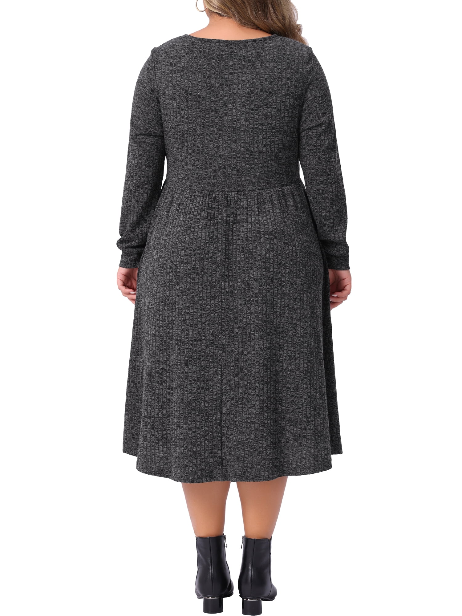 DARING DIVA Plus Size V Neck Long Sleeve Ribbed Knit A Line Dress 2X Dark Gray