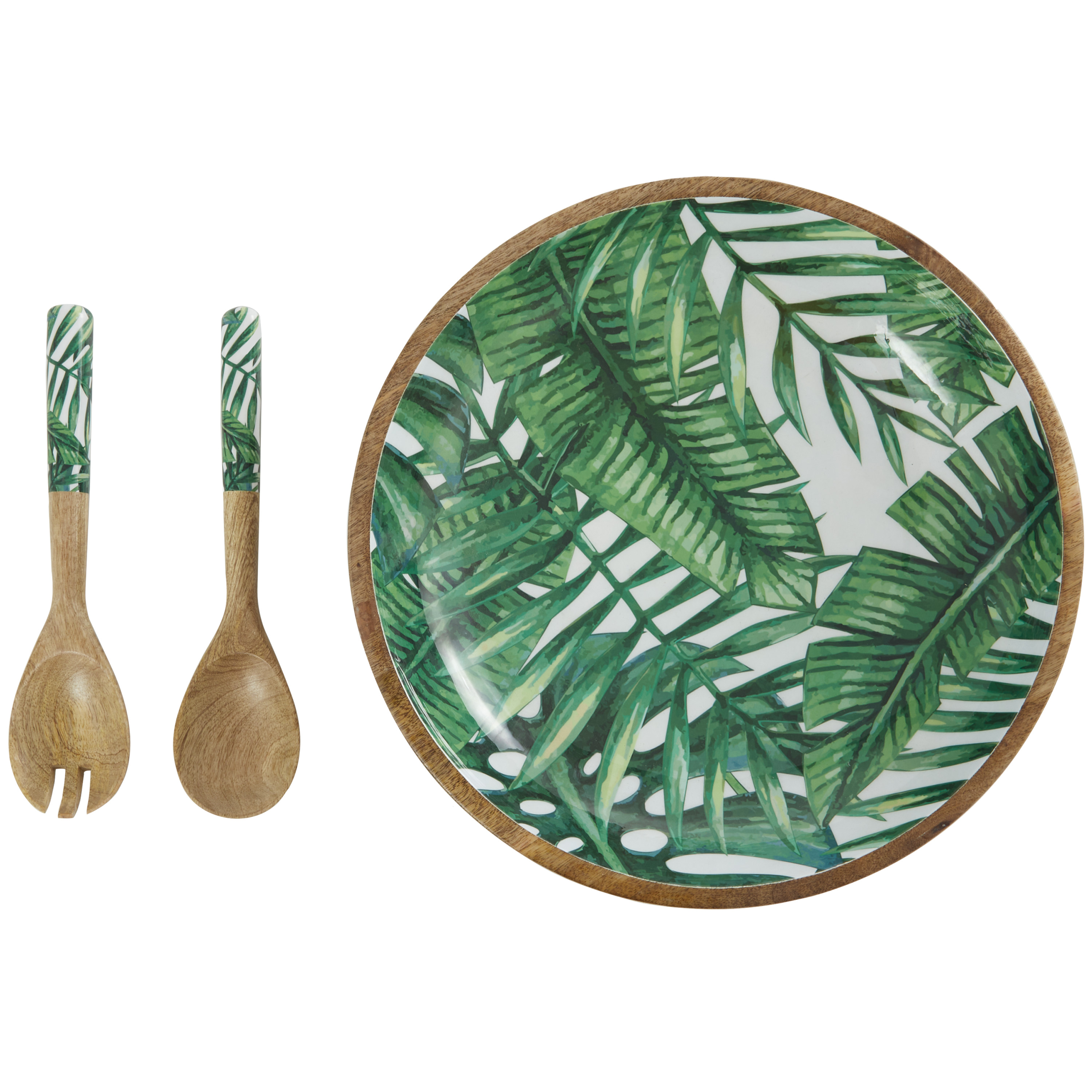 DecMode 15", 11", 11"W Handmade Round Green Mango Wood Decorative Bowl with Matching Salad Serving Utensils, Set of 3