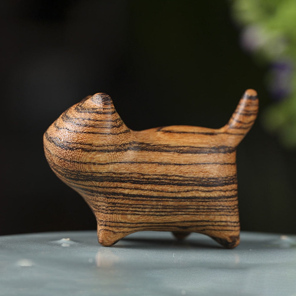 Hytrove Wooden Cat Figurine Light Brown Carving Statue Cute Kitten Sculpture Home Decor Ornament