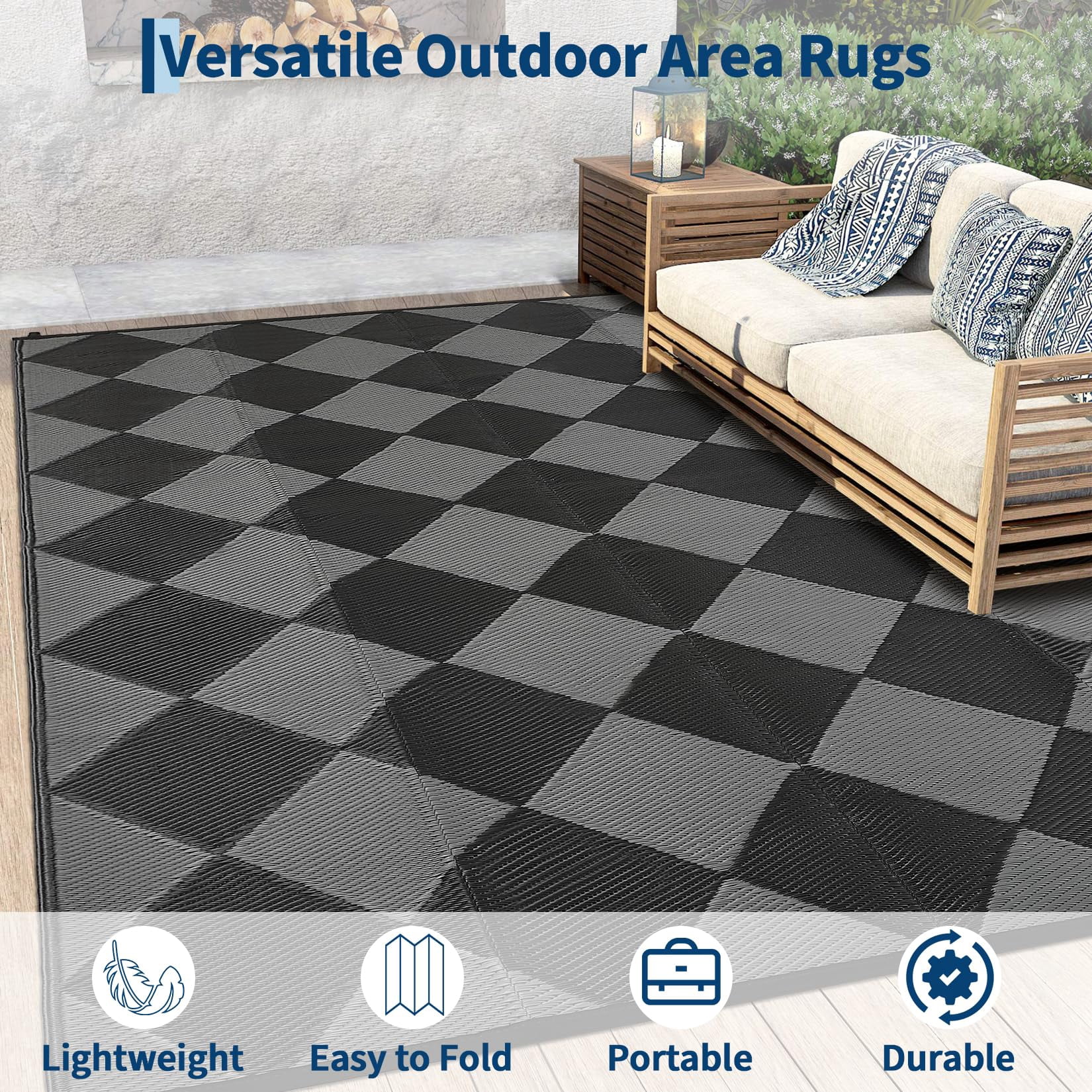 Volkmi Check Adult Outdoor Rugs, 9x12ft, Waterproof,Collapsible, Easy Clean